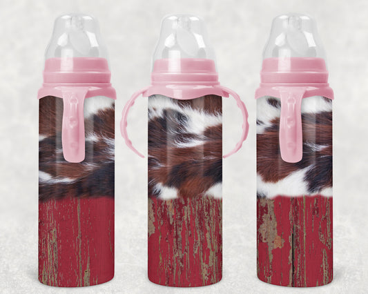 faux cowhide and Barn Wood Steel Baby Bottle - Pick your top color