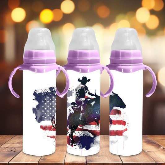 American Flag Bull Rider Steel Baby Bottle - Pick your top color
