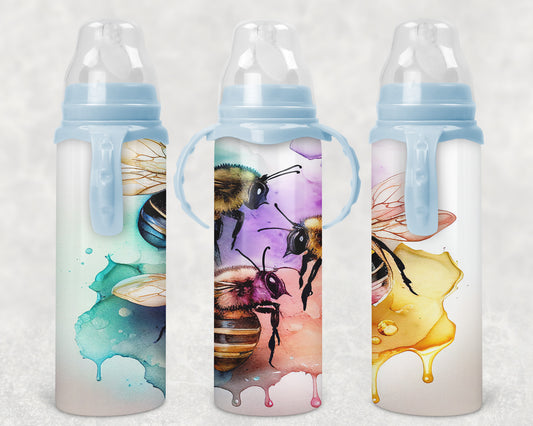 watercolor bees Steel Baby Bottle - Pick your top color