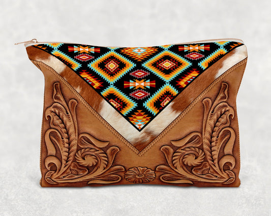 Aztec Faux Leather Printed Canvas Zipper Bag - Bag