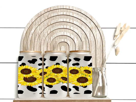 Cow Print Sunflower - Frosted Libby Glass - Tumblers