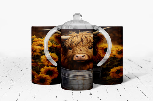 Highland Cow In Bucket Insulated Kids Dual Lid Sippy Cup Tumbler - Tumblers