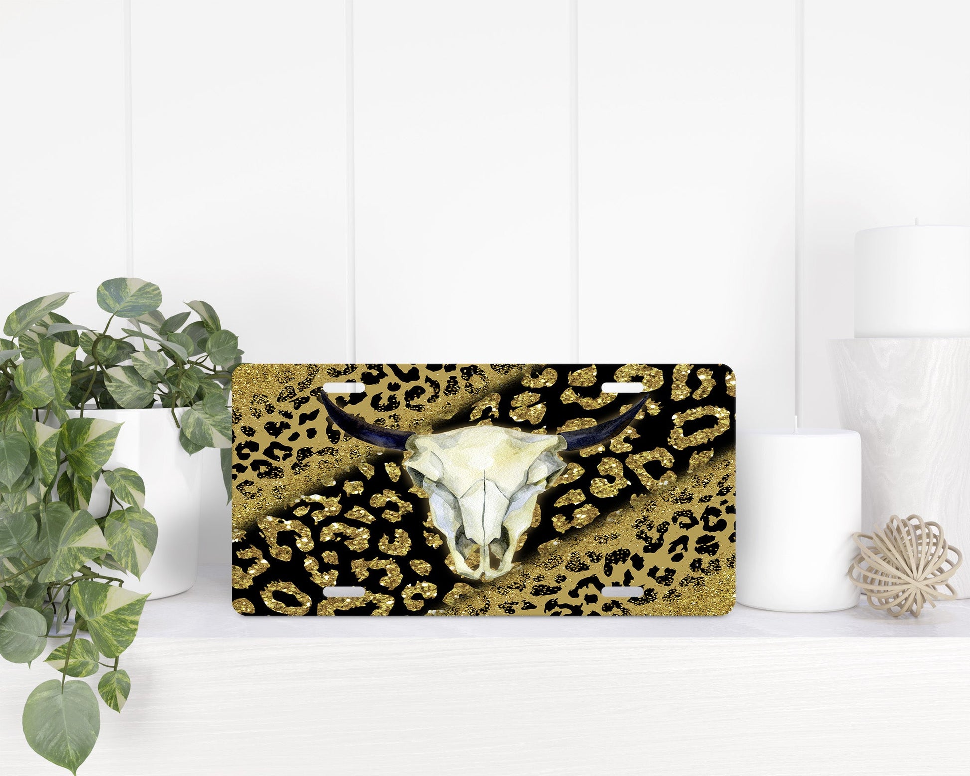 Leopard Print Bull Skull|License Plate - Vehicle License Plates