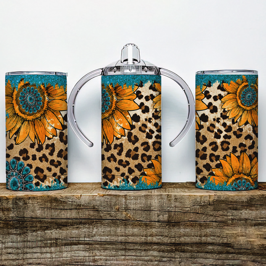 Leopard Print Sunflower Insulated Kids Dual Lid Sippy Cup Tumbler - Tumblers
