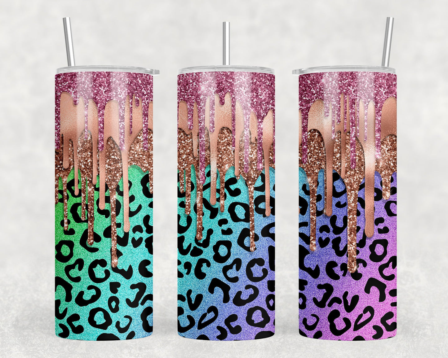 Rainbow Leopard faux glitter Drip|Skinny Tumbler|Optional Bluetooth Speaker| Speaker Color Varies - Tumblers