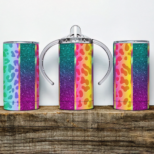 Rainbow Leopard Print Stripes Insulated Kids Dual Lid Sippy Cup Tumbler - Tumblers