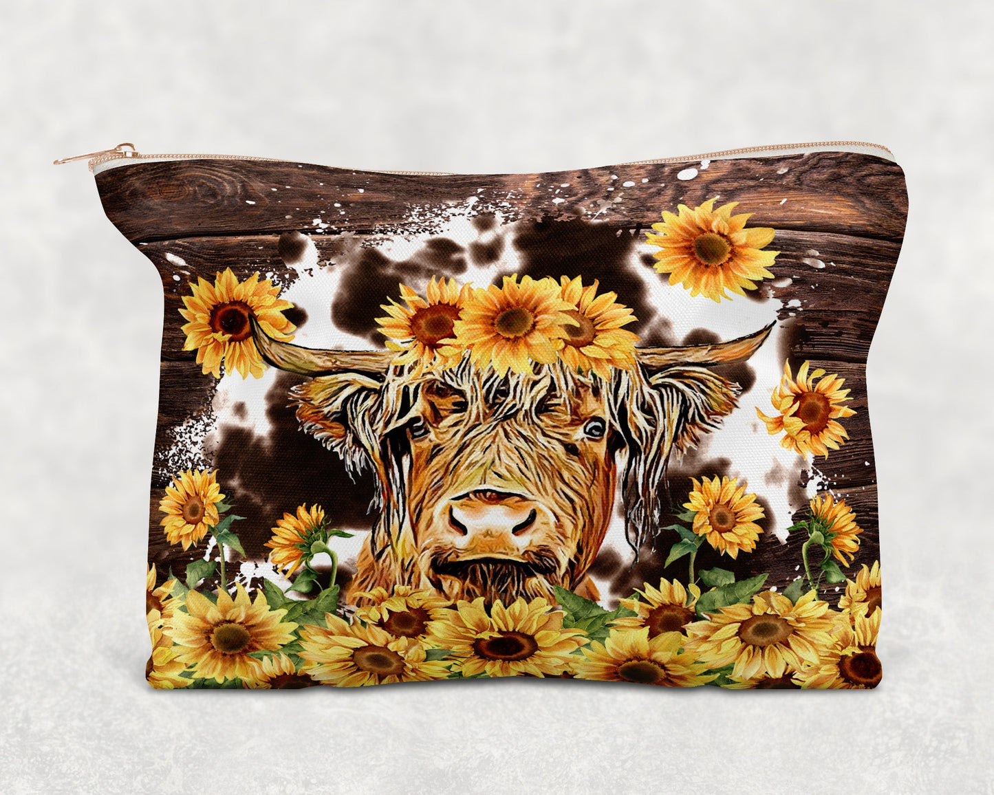Sunflower Highland Cow Printed Canvas Zipper Bag - Bag