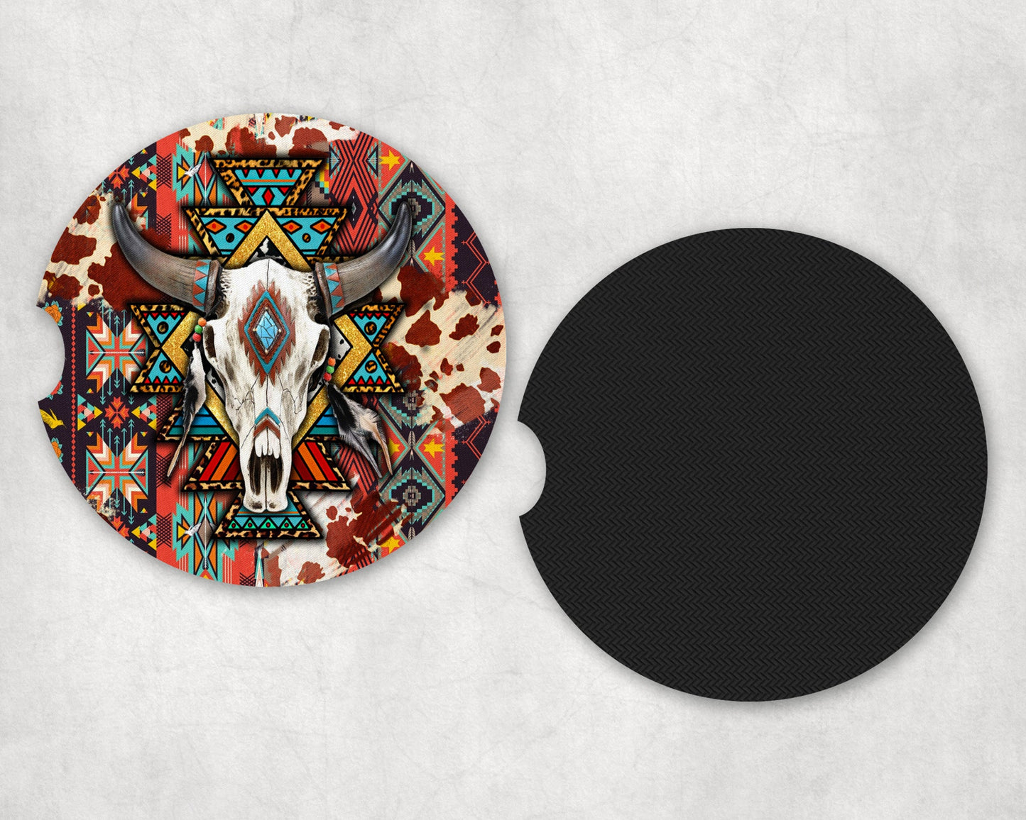 Western Aztec Bull Skull|Car Coaster Set - Car Coaster